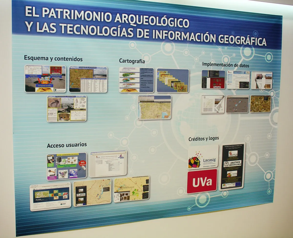 Panel «El patrimonio arqueológico y las tecnologías de información geográfica» con la cartografía del proyecto